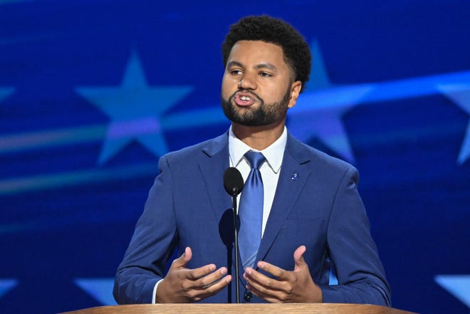 US Representative Maxwell Frost, Democrat from Florida, speaks on the fourth and last day of the Democratic National Convention (DNC) at the United Center in Chicago, Illinois, on August 22, 2024.