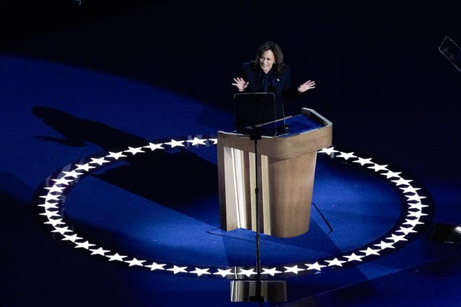 Presidential nominee Kamala Harris speaks during the final day of the Democratic National Convention at the United Center.