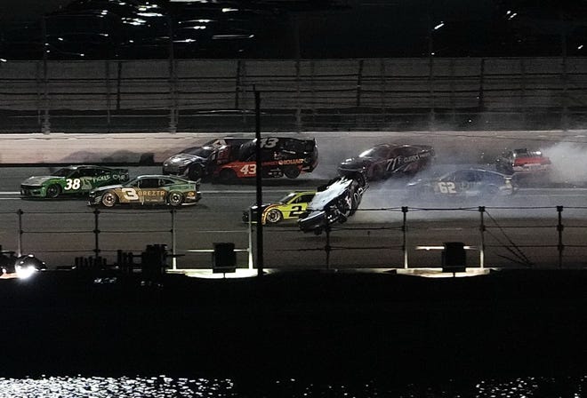 Josh Berry flips in the No. 4 car during the final laps of the Coke Zero Sugar 400, Saturday, Aug. 24, 2024, at Daytona International Speedway.