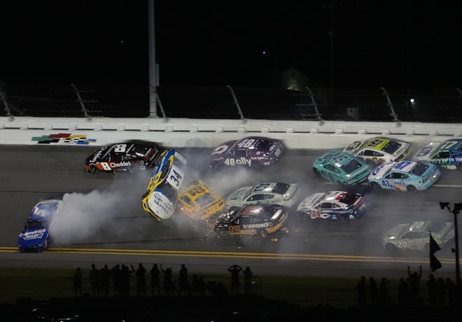 Michael McDowell goes airborne in the No. 34 car during a Stage 3 crash in the Coke Zero Sugar 400, Saturday, Aug. 24, 2024, at Daytona International Speedway.