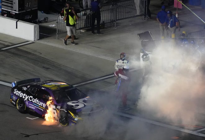 Shane van Gisbergen retreats to pit road after his No. 16 Chevrolet blows its engine during Stage 2 of the Coke Zero Sugar 400, Saturday, Aug. 24, 2024, Daytona International Speedway.