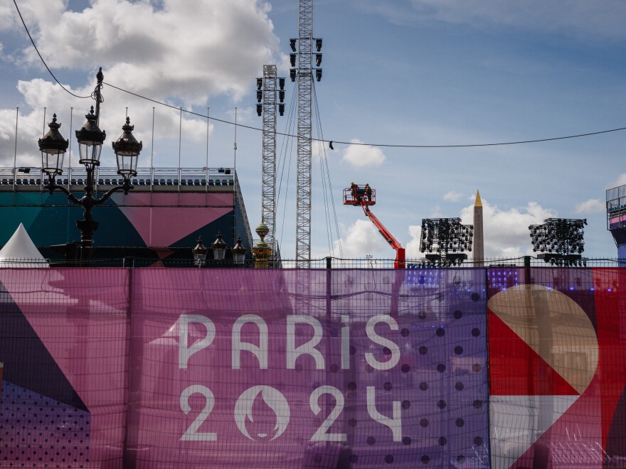 Construction work takes place at the Place de la Concorde Paralympic site in Paris on Wednesday, a week ahead of the Paralympic opening ceremony. 