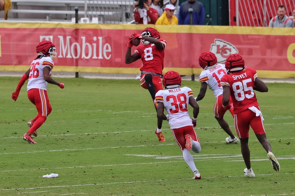 Kansas City Chiefs wide receiver Justyn Ross hauls in a catch at a training camp practice on...