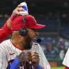 Edmundo Sosa and Phillies teammate Brandon Marsh after a game against the New York Mets in May.