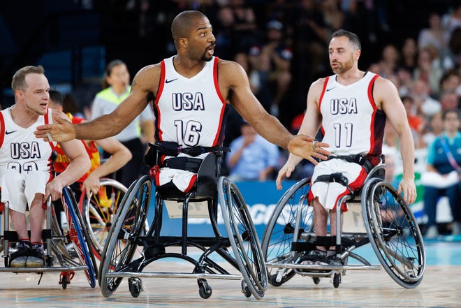 Trevon Jenifer of Team USA celebrates after scoring in the game against Spain during the Paris 2024 Paralympic Summer Games at Bercy Arena.