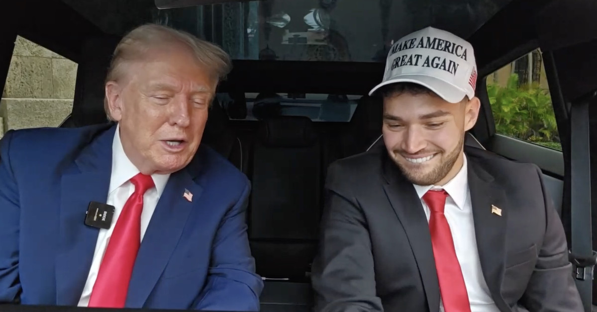 Screenshot from Kick featuring Adin Ross and Donald Trump livestreaming from the interior of a Tesla Cybertruck