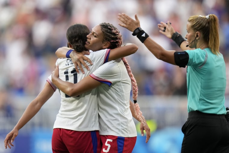 Sophia Smith celebrates a goal with U.S. teammate Trinity Rodman during the semifinal match against Germany on Aug. 6, 2024, at Lyon Stadium in Decines, France. 