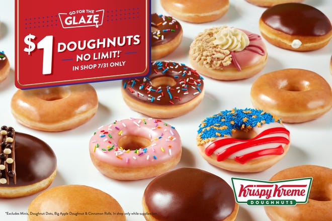 EMBARGOED UNTIL 12:01 AM MONDAY, JULY 29: Krispy Kreme's new Olympic-themed Go USA Doughnuts collection include an Original Glazed doughnut, with the new red, white and blue frosted Go USA Doughnut and the Chocolate Iced Glazed with Sprinkles Doughnut.