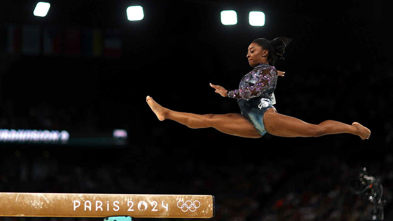 Simone Biles of Team United States competes on the balance beam during the Artistic Gymnastics Women's Qualification on day two of the Olympic Games Paris 2024 at Bercy Arena on July 28, 2024 in Paris, France.