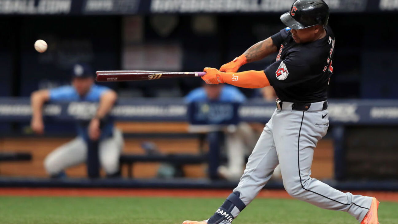 ST. PETERSBURG, FL - JULY 14: Cleveland Guardians Jose Ramirez (10) at bat during the regular season game between the Cleveland Guardians and the Tampa Bay Rays on July 14, 2024, at Tropicana Field in St. Petersburg, FL. (Photo by Cliff Welch/Icon Sportswire via Getty Images)