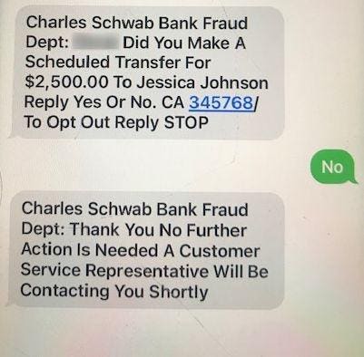 Supposed Charles Schwab Bank Fraud Dept Text Message Scam