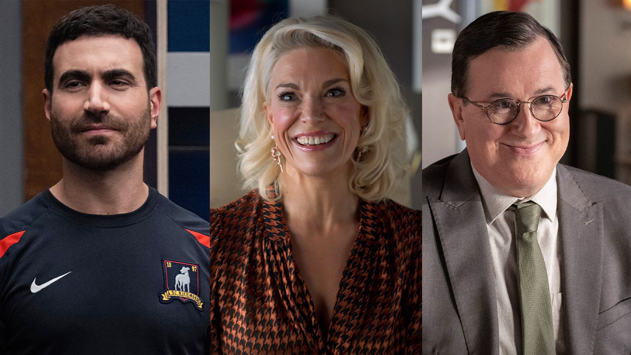 (L-R) Brett Goldstein as Roy Kent, Hannah Waddingham as Rebecca Welton and Jeremy Swift as Leslie Higgins in 'Ted Lasso' split