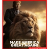 An AI-generated depiction of Donald Trump riding a lion. The image was first posted by a Trump supporter on X before Trump reposted the depiction on his Truth Social account. Trump has embracing reposting AI-generated images created by his supporters. NPR added the border to the image to make clear it was generated with AI.