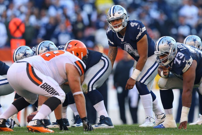 Nov 6, 2016; Cleveland, OH, USA; Dallas Cowboys quarterback Dak Prescott (4) against the Cleveland Browns at FirstEnergy Stadium. The Cowboys won 35-10. Mandatory Credit: Aaron Doster-USA TODAY Sports