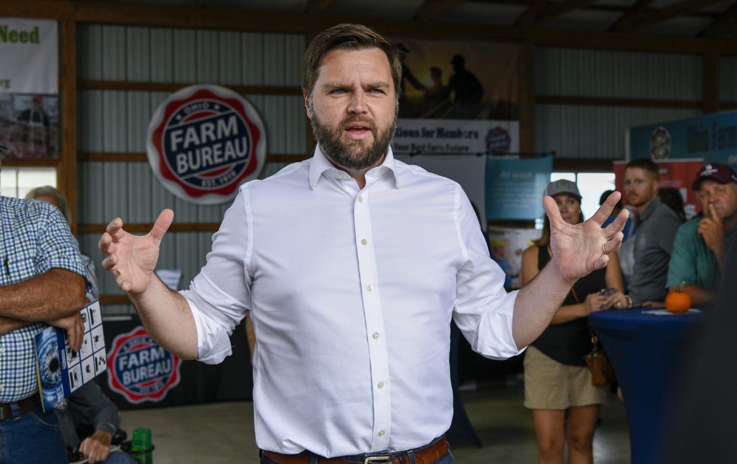 JD Vance speaks with attendees during the Farm Science Review event in London, Ohio, in September 2021.