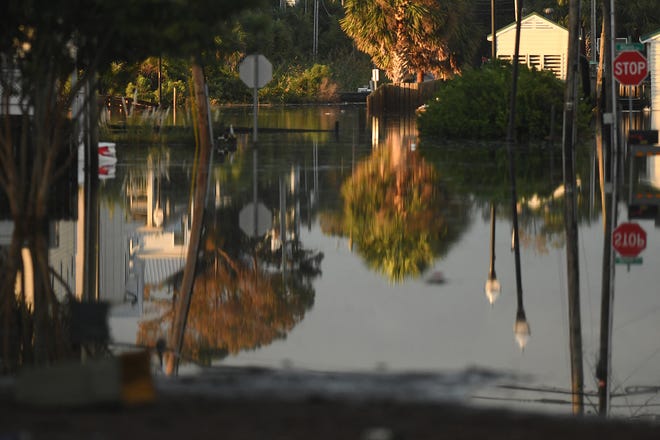 Residents and others look over the standing flood waters that remain around the Carolina Beach Lake area Tuesday Sept. 17, 2024 in Carolina Beach, N.C. KEN BLEVINS/STARNEWS