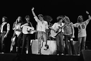 San Diego, CA - 1979:  Eagles (L-R) Joe Vitale, Timothy B. Schmit, J.D. Souther, Glenn Frey, Don Henley, Joe Walsh and Don Felder following their performance at the San Diego Sports Arena in San Diego, California, December 1979. The concert was a benefit for Jerry Brown, who was running for president at the time.  (Photo by George Rose/Getty Images)