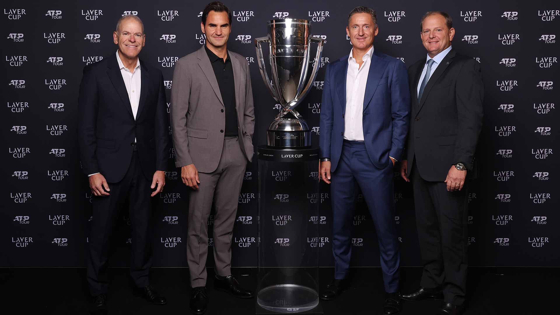 Laver Cup CEO Steve Zacks, Co-founder Roger Federer, ATP Chairman Andrea Gaudenzi and Laver Cup Chairman Tony Godsick with the Laver Cup trophy.