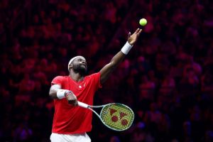 Team World's Frances Tiafoe winds up to serve. Photo by Maja Hitij/Getty Images