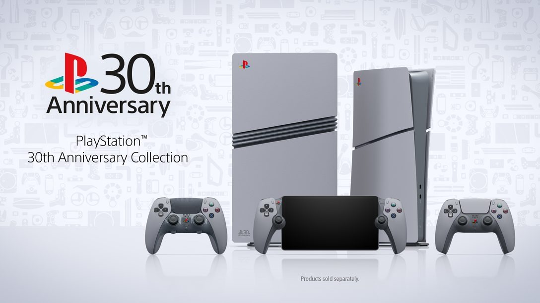 Promotional image of PS5 30th Anniversary colletion of consoles and accessories