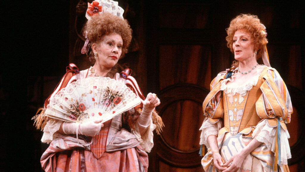 l-r: Joan Plowright (Lady Wishfort), Maggie Smith (Mrs Millament) 1984’s THE WAY OF THE WORLD by William Congreve at the Theatre Royal Haymarket, London