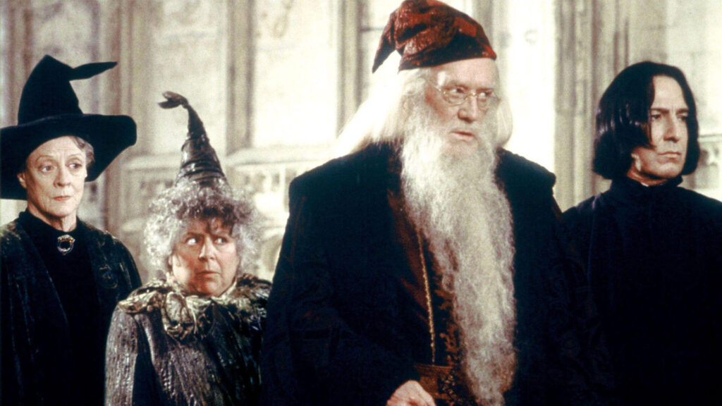 Color photo from 2002 of (left to right) actors Maggie Smith, Miriam Margolyes, Richard Harris and Alan Rickman starring as Minerva MacGonagall, Professor Sprout, Albus Dumbledore and Severus Snape in the movie “Harry Potter and the Chamber of Secrets.”