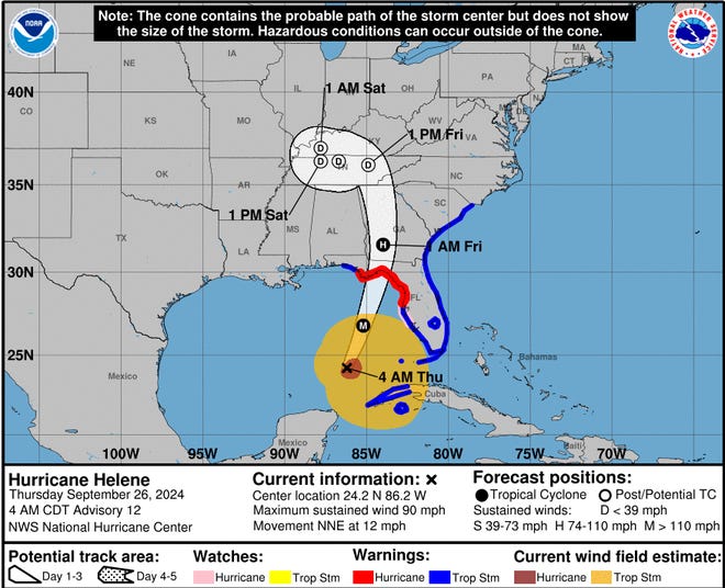 Hurricane Helene's latest forecasted path, as of Thursday morning, Sept. 26, 2024.