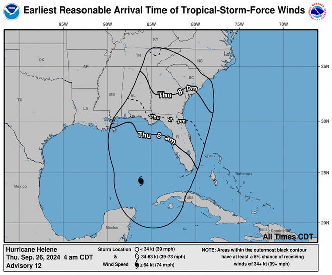 The forecasted arrival times of tropical storm force winds for Hurricane Helene, as of Thursday morning, Sept. 26, 2024.