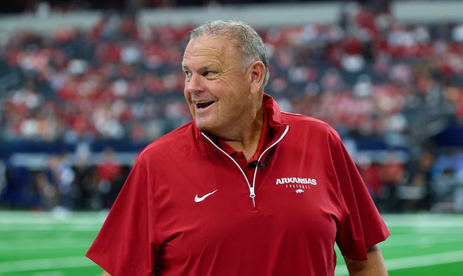 Arkansas Razorbacks head coach Sam Pittman laughs before the Southwest Classic on Sept. 28, 2024 against the Texas A&M Aggies at AT&T Stadium in Arlington.