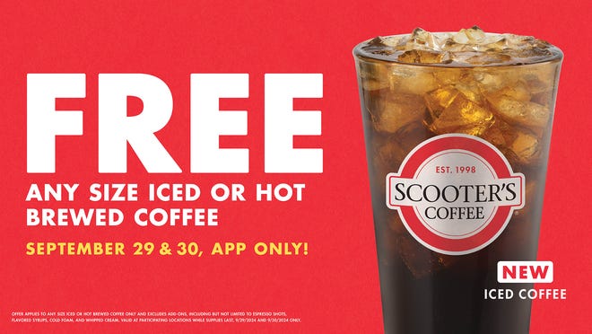 For National Coffee Day, on Sunday, Sept. 29, and Monday, Sept. 30, get a free iced or hot brewed coffee, of any size, in the app. Plus, the first 25 customers at each location on Sunday get a free limited edition coffee mug.