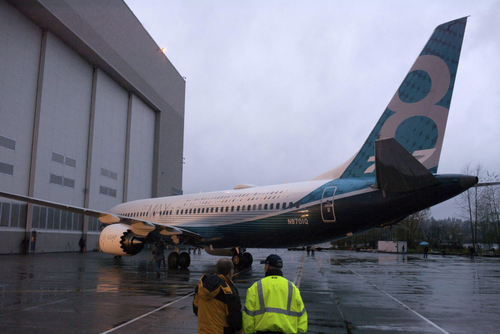 FILE PHOTO: A Boeing 737 MAX 8 sits outside the hangar during a media tour of the Boeing 737 MAX at the Boeing plant in Re...