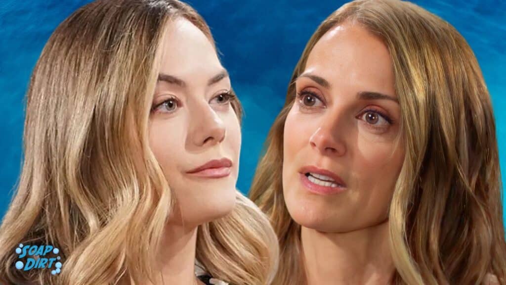 Hope Logan (Annika Noelle) and Taylor Hayes (Rebecca Budig) in a rivalry over Finn on The Bold and the Beautiful