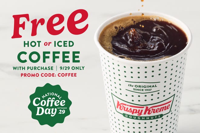 Get a free medium hot or iced coffee with any purchase Sunday at Krispy Kreme.