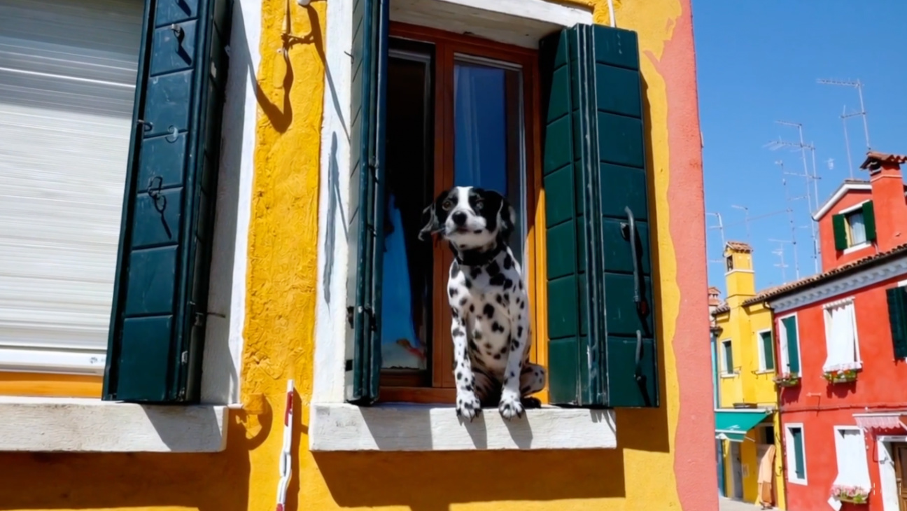 In a demonstration of OpenAI's video tool Sora, this still was created from the prompt, "The camera directly faces colorful buildings in Burano, Italy. An adorable dalmatian looks through a window on a building on the ground floor."