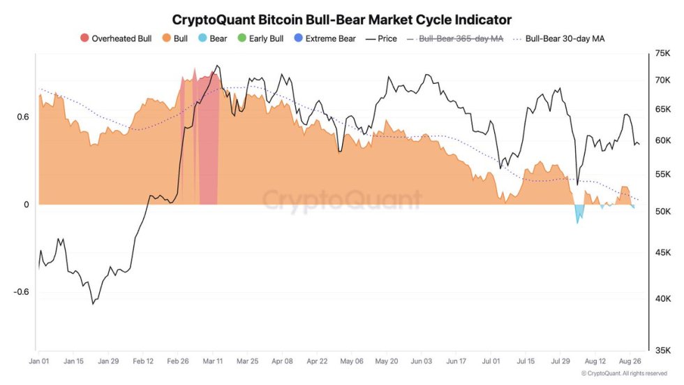 BTC market cycle indicator is again in Bear phase (light blue area).