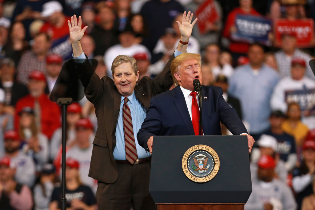 President Donald Trump introduces U.S. Sen. John Kennedy, R-Louisiana, during a rally at CenturyLink Center on November 14, 2019, in Bossier City.