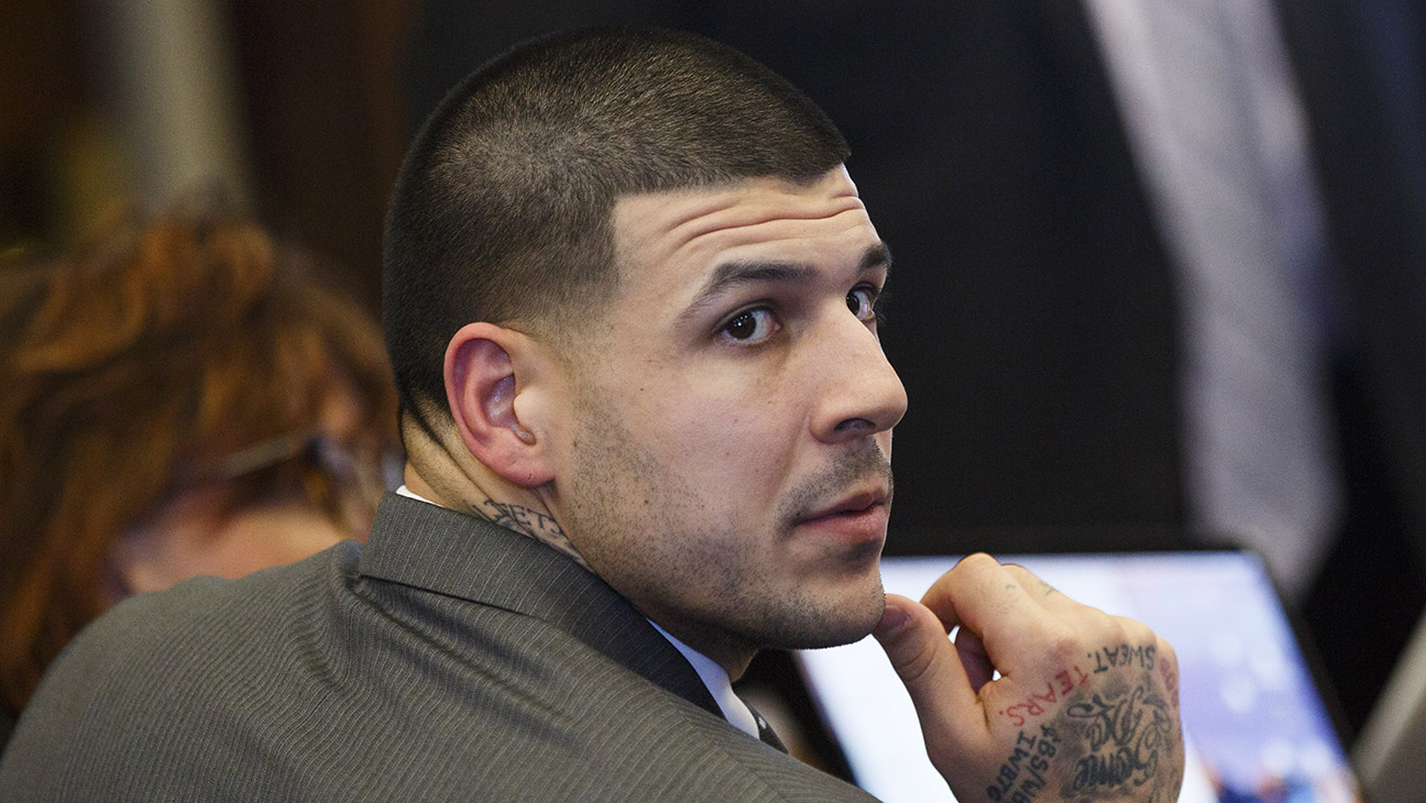 Former New England Patriots tight end Aaron Hernandez sits at the defense table during his double murder trial at Suffolk Superior Court in Boston on Mar. 2, 2017. Hernandez is charged in the July 2012 killings of Daniel de Abreu and Safiro Furtado who he encountered in a Boston nightclub.