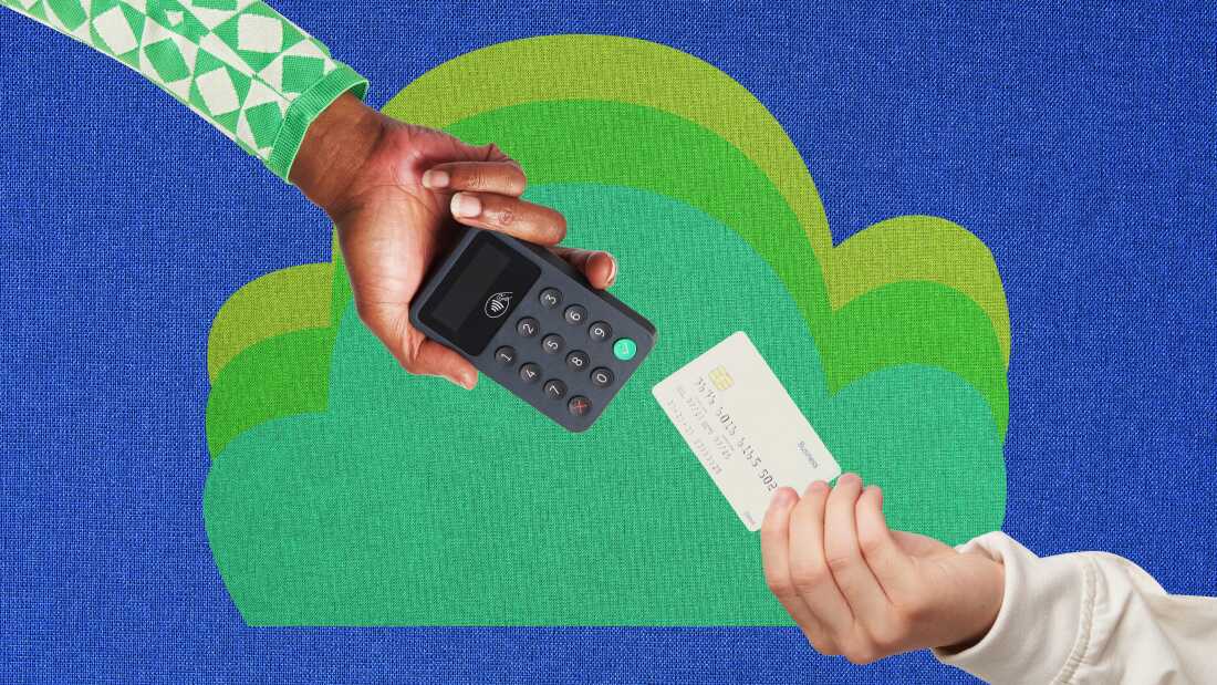 Photo collage of one hand coming into the frame from the bottom right corner holding a credit card. A hand holding a credit card reader reaches down from the top left-hand corner. The backdrop shows green clouds on solid blue. 