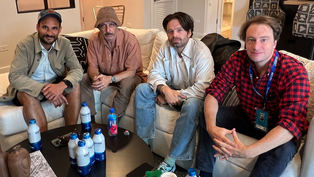 (L-R) 'The Apprentice' director, Ali Abbasi, stars Jeremy Strong and Sebastian Stan, and writer Gabriel Sherman.