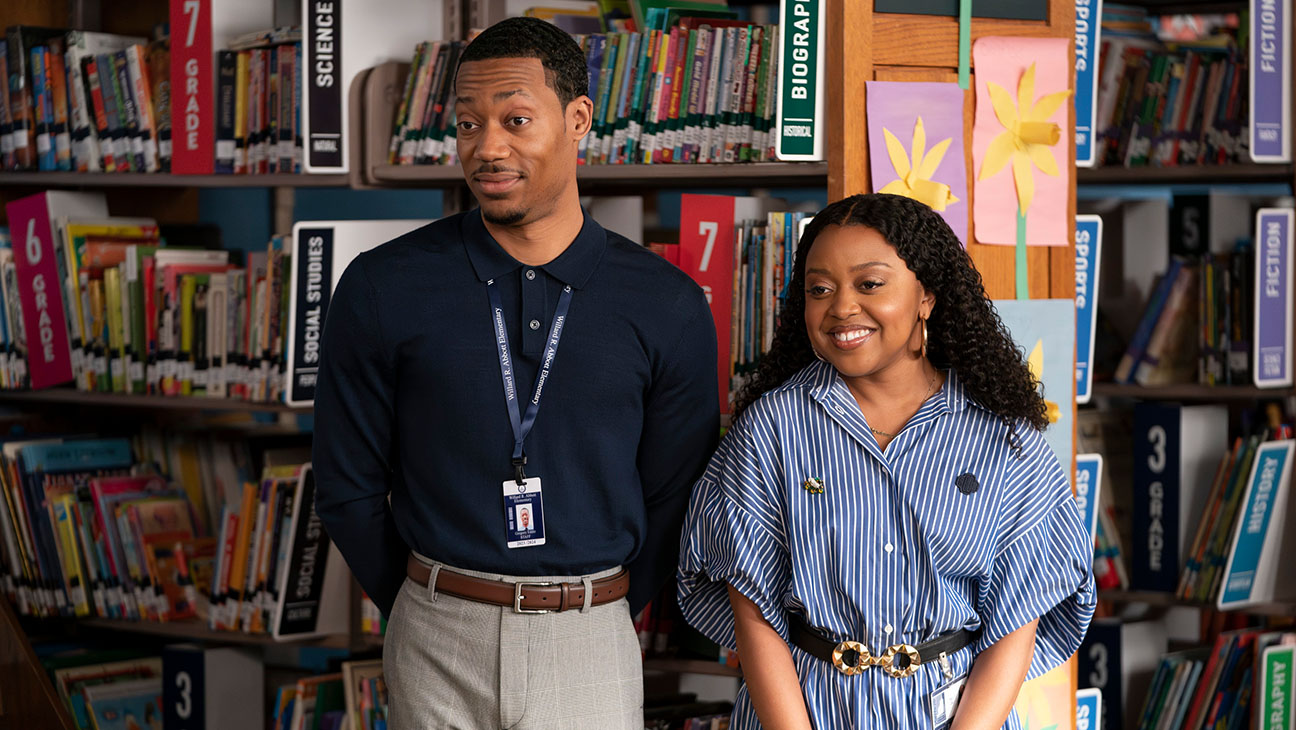 Tyler James Williams and Quinta Brunson as Gregory and Janine in 'Abbott Elementary' season three.