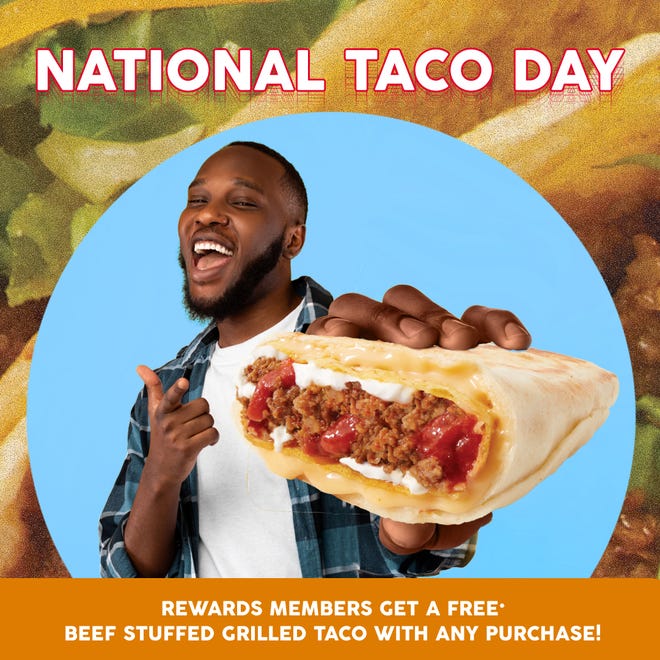 For National Taco Day on Tuesday, Oct. 1, Taco John's is giving members of its Bigger Bolder Rewards loyalty program a free Beef Stuffed Grilled Taco with any purchase.