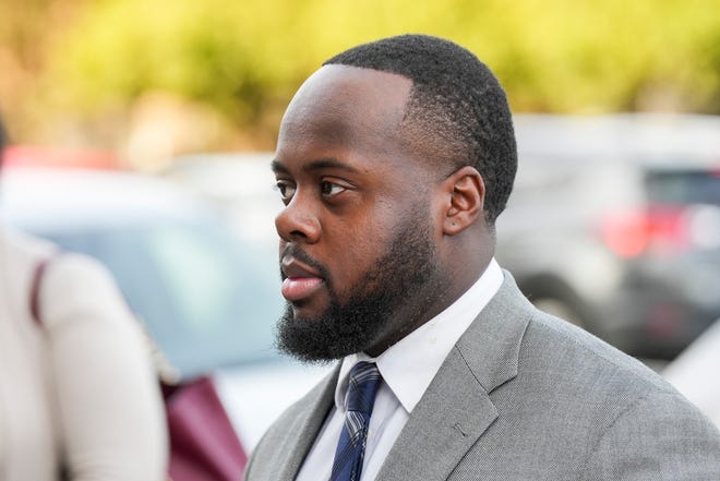 Tadarrius Bean, one of the former Memphis Police Department officers charged with the death of Tyre Nichols, waits in line to enter the Odell Horton Federal Building on the second day of the trial in Memphis, Tenn., on Tuesday, September 10, 2024.