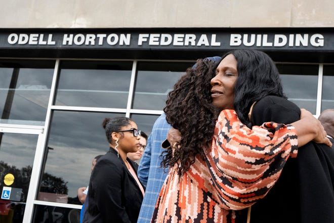 Vickie Terry, the executive director of Memphis NAACP, hugs RowVaughn Wells, the mother of Tyre Nichols, outside of the Odell Horton Federal Building as the third week of the federal trial of three former Memphis Police Department officers charged with violating Nichols’ civil rights continues in Memphis, Tenn., on Wednesday, September 25, 2024.