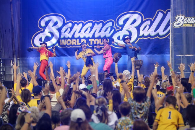 Representatives from each Banana Ball team toss shirts into the crowd during the 2025 Banana Ball World Tour City Draft on Thursday, October 3, 2024 at Historic Grayson Stadium.