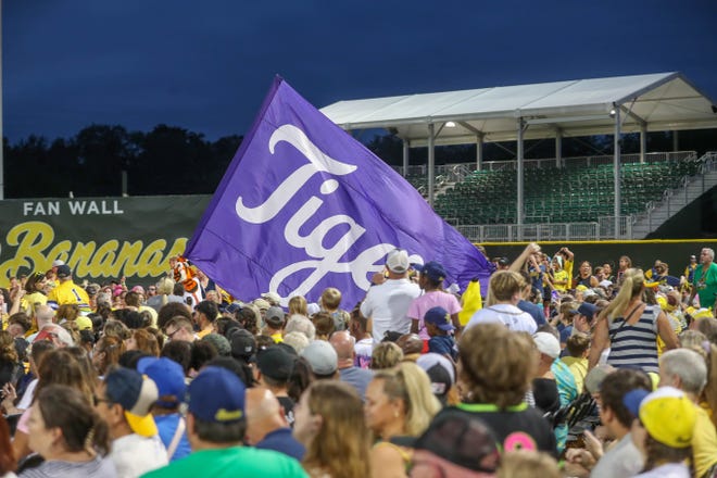 Tiger, the Clemson mascot runs out with a giant flag as it is announced that the Bananas will play at Death Valley during the 2025 Banana Ball World Tour City Draft on Thursday, October 3, 2024 at Historic Grayson Stadium.