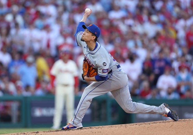 Oct 5, 2024; Philadelphia, PA, USA; New York Mets pitcher Kodai Senga (34) throws in the second inning against the Philadelphia Phillies in game one of the NLDS for the 2024 MLB Playoffs at Citizens Bank Park. Mandatory Credit: Bill Streicher-Imagn Images