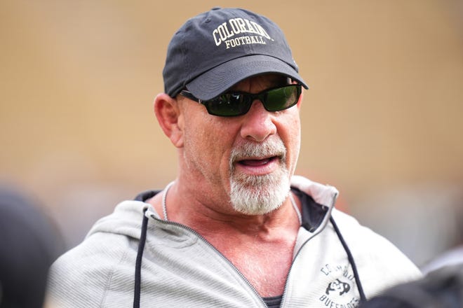 Former professional wrestler Bill Goldberg on the field before the Colorado Buffaloes' game against the North Dakota State Bison at Folsom Field.