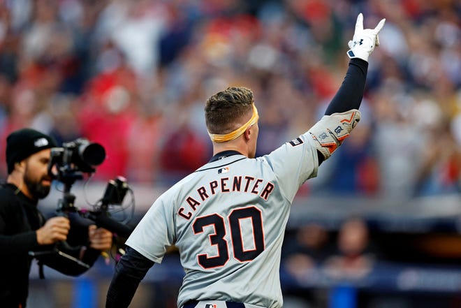 Tigers outfielder Kerry Carpenter celebrates after hitting a three-run home run during the ninth inning against the Guardians in Game 2 of the ALDS, Oct. 7, 2024, in Cleveland.