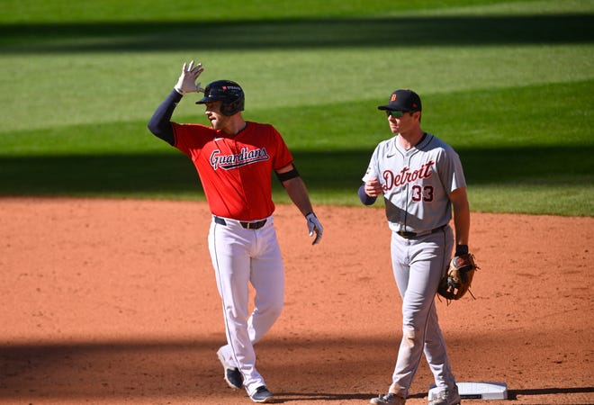 Guardians DH David Fry celebrates a two-run double against the Tigers in the sixth in Game 1 of the ALDS, Oct. 5, 2024, in Cleveland.