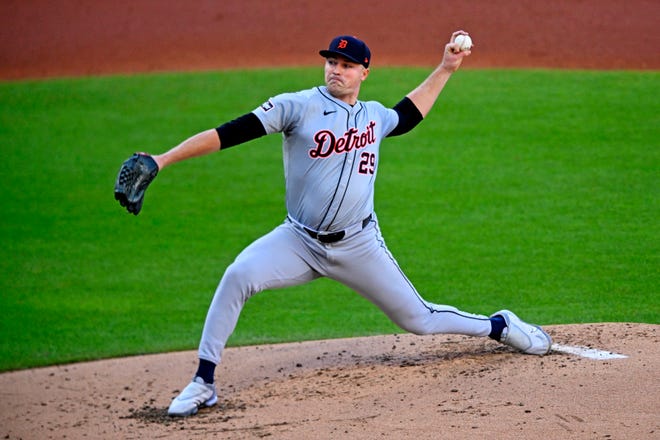 Tigers pitcher Tarik Skubal pitches during the second inning against the Guardians in Game 2 of the ALDS, Oct.. 7, 2024, in Cleveland.